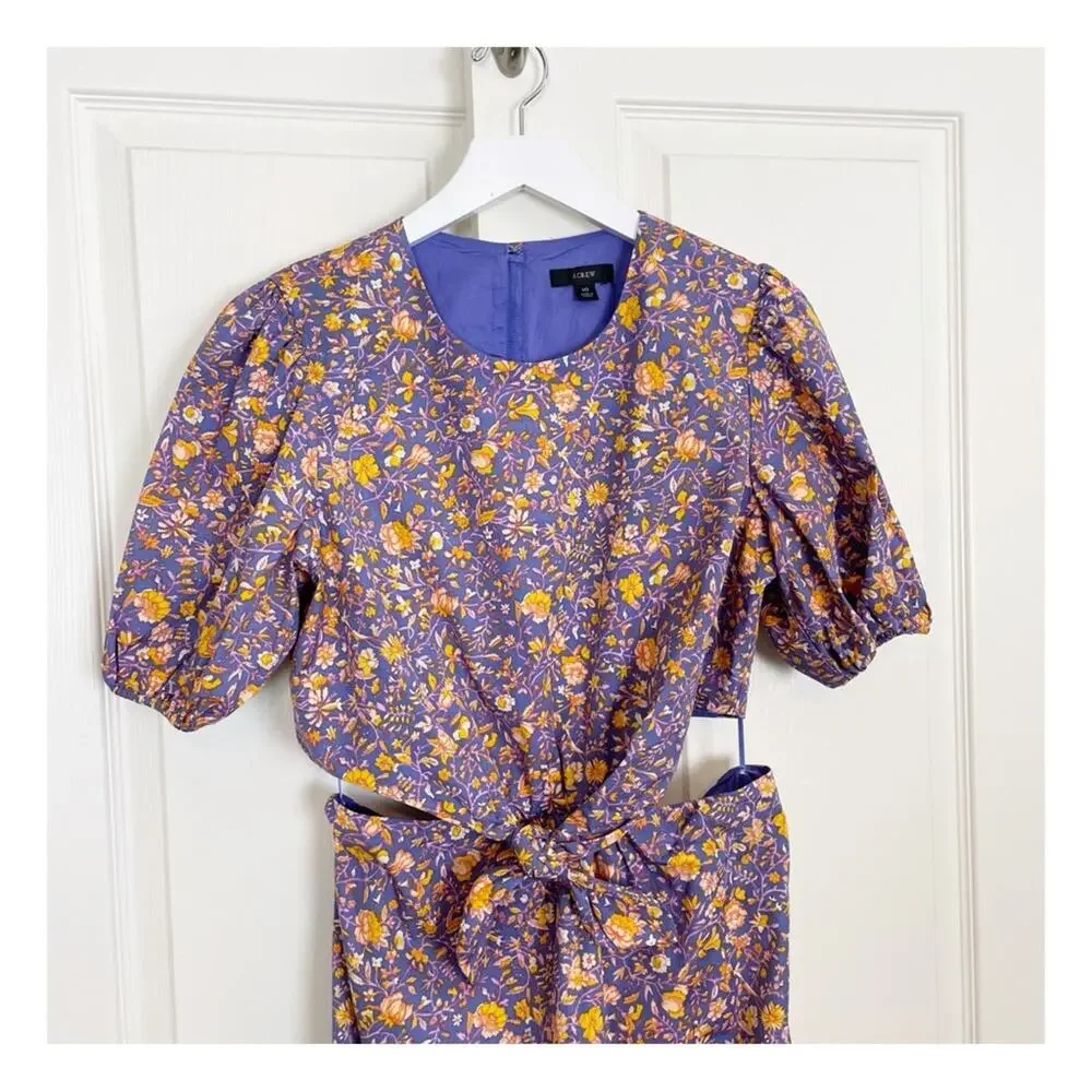 J. Crew Midnight Floral Cutout Midi Dress Puff Sleeve Cotton Poplin NWOT Sz 10